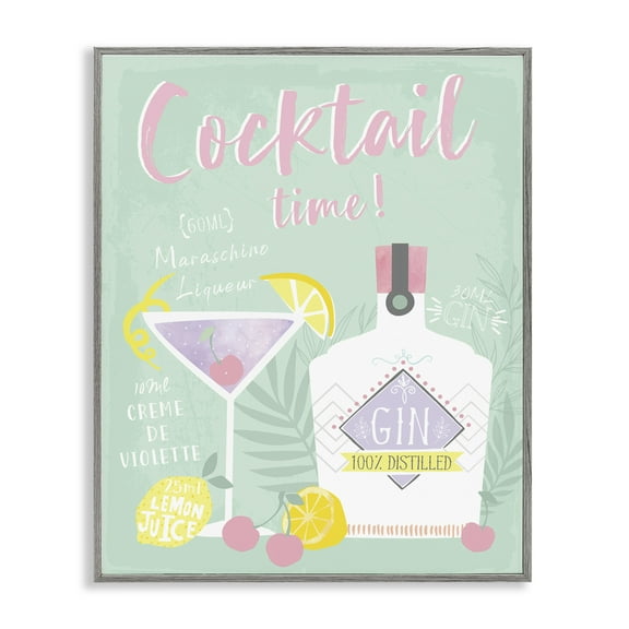Stupell Industries Cocktail Time with Recipe Food & Beverage Painting Gray Framed Art Print Wall Art, 16 x 20