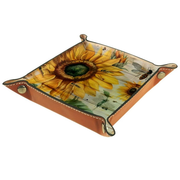 Women Girls Leather Square Dish Trinket Plate Jewelry Tray for Mothers Day Birthday Gift, Sunflower Bee Rustic Wooden