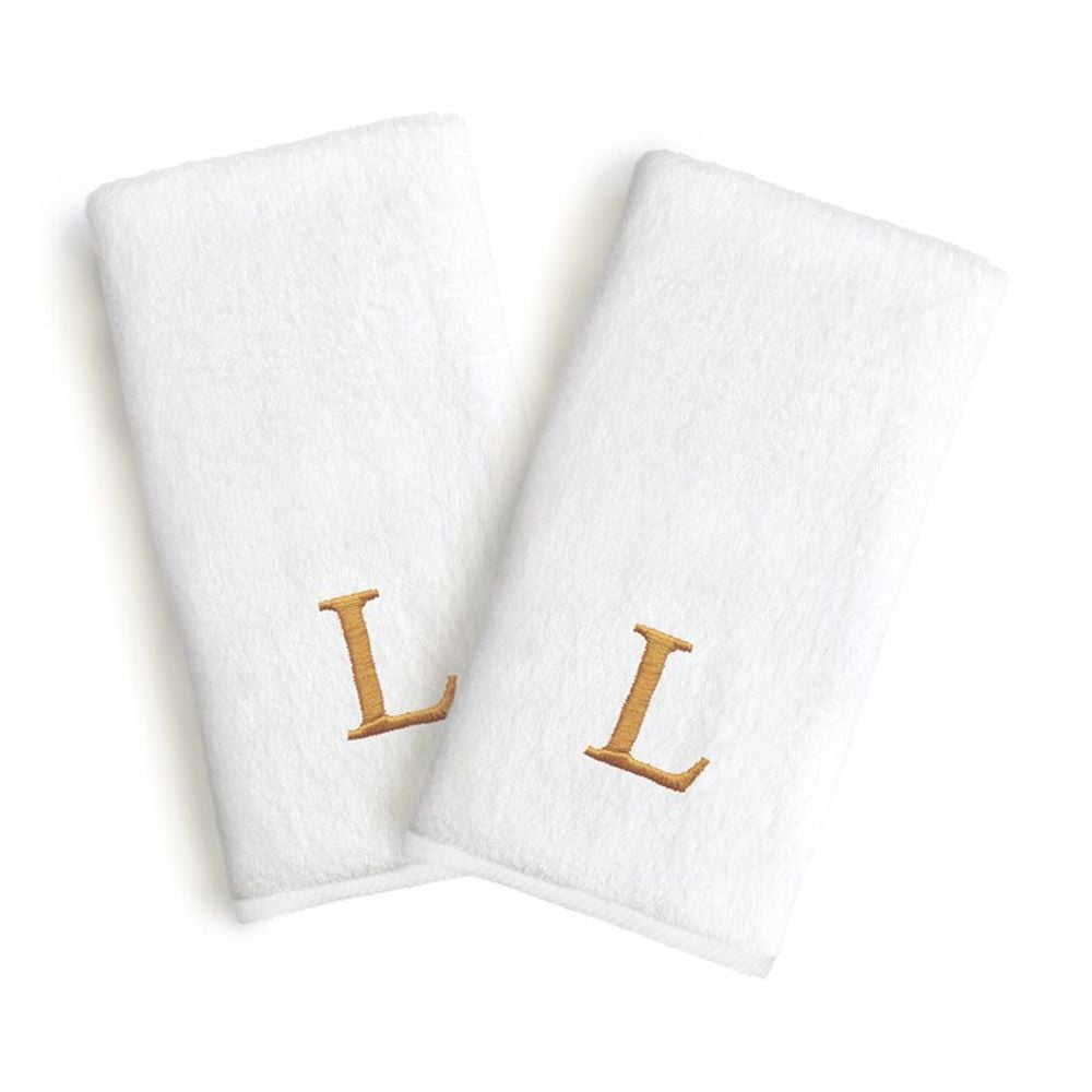 Authentic Hotel and Spa  2-piece White Turkish Cotton Hand Towels with Gold Block Monogrammed Initial White/C