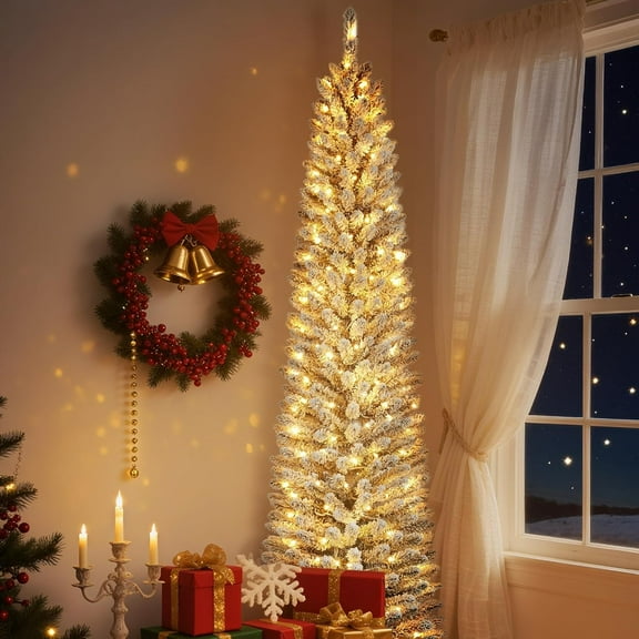 6/7.5/9/12FT Pre-Lit Flocked Pencil Pine Tree, Slim Artificial Christmas Tree with LED Lights & Snowy Branch Tips | Full-Height Holiday Decor for Home, Church, Office, Party, with Sturdy Metal Stand