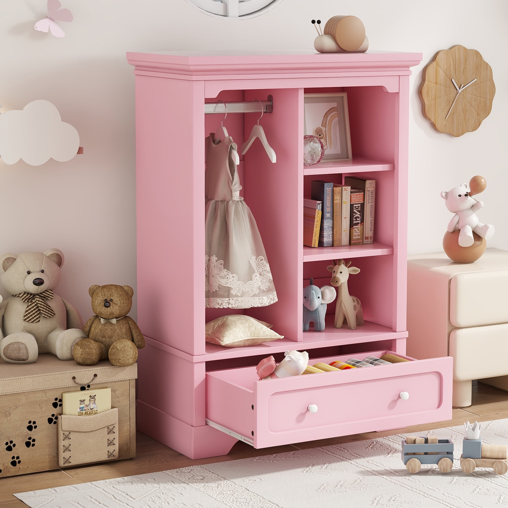 Yoneston Kids Dress Up Storage with Large Drawers and Open Shelves, Children's Wardrobe Opening Hanging Costume Closet Easy Access, Pink