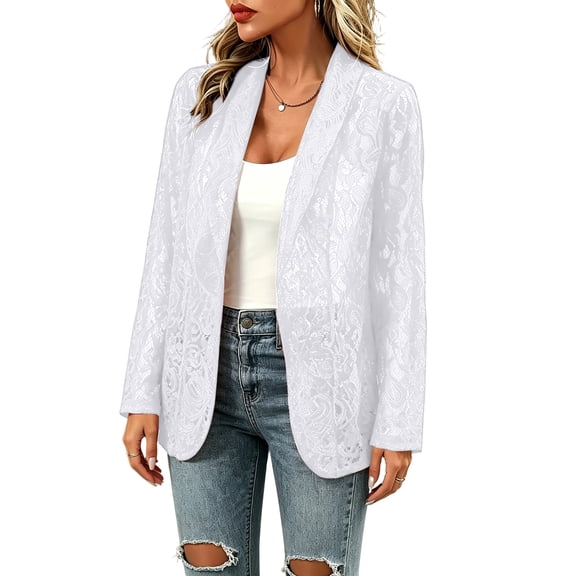 Women's Lace Blazer Open Front Button Down Sheer Mesh Blazer Elegant 3/4 Sleeve Casual Blazers Jacket,White L