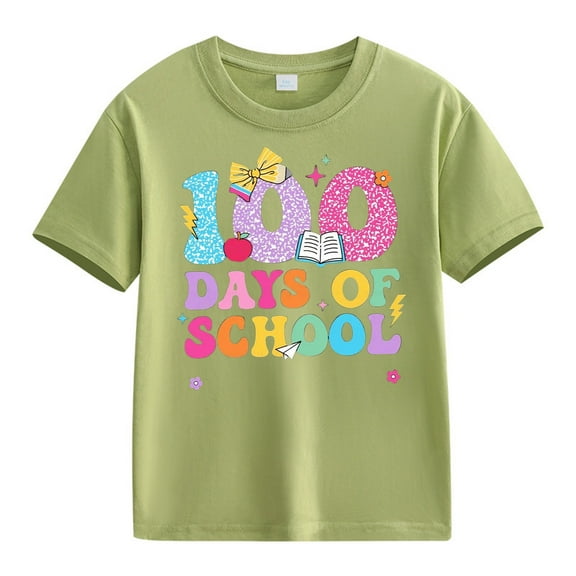 YunPes Kids Girls Boys T Shirts Fun Colorful Letter Print Short Sleeve Round Neck Tops 100th Day of School Summer Clothes