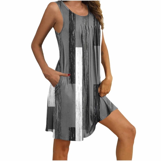Camisón sin mangas con bolsillos y estampado para mujer, camisón plisado con cuello redondo, vestido de poliéster para mujer