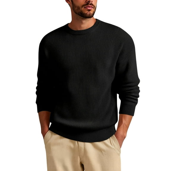 GuangCheng Mens Crewneck Pullover Sweater Waffle Textured Long Sleeve Casual Knit Sweater Tops