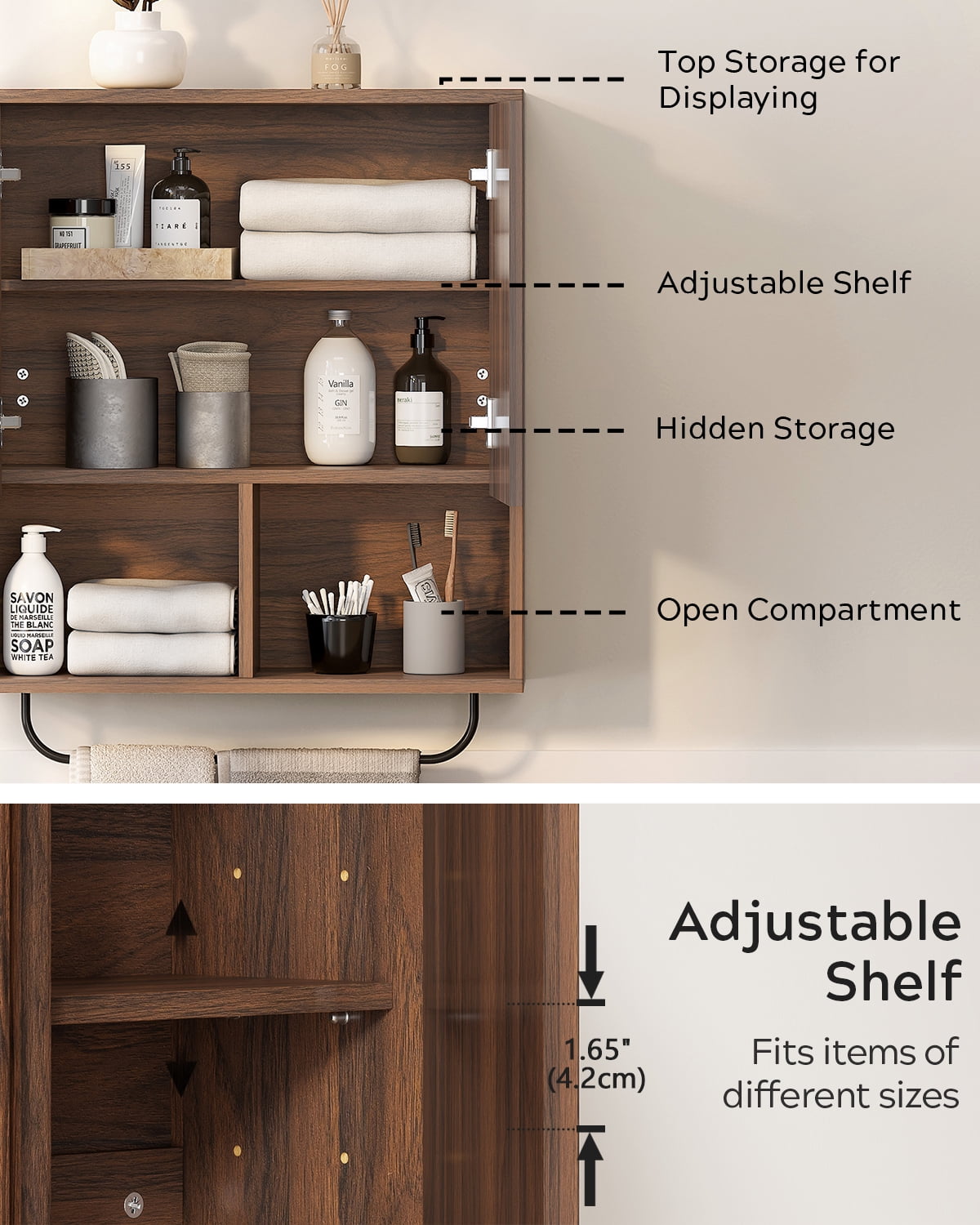 EYYTHUNG Fluted Wooden Medicine Cabinet Storage, Brown Bathroom Wall Cabinet with 2 Doors Adjustable Shelf and Towels Bar
