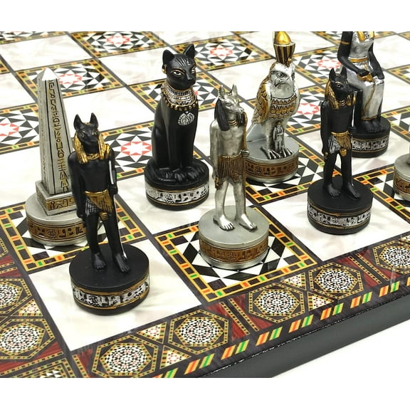 Egyptian Anubis Black  Silver Gold Accents Chess Set W/ 17" Mosaic Color Board