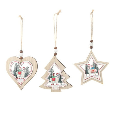 

3 Pcs Christmas Ornaments Wooden Hanging Pendants Decorative Pendants Cartoon Alpaca Hollow Pattern Pendant (Love Heart+Christmas Tree+Pentagram)
