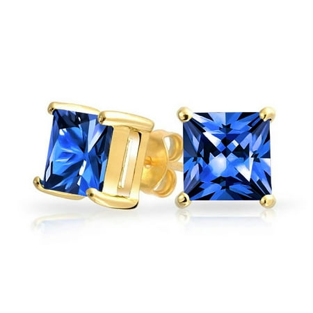 14k Blue Sapphire Cufflinks - 2CT Blue Square Cubic Zirconia Brilliant Princess AAA CZ Stud Earrings 14K Gold Plate Sterling Silver Simulated Sapphire