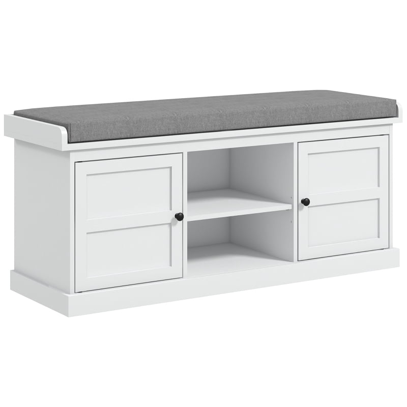 HOQBN Shoe Storage Bench with Cushioned Seat, Entryway Bench with 2 Cabinets and Adjustable Shelf for Hallway, White