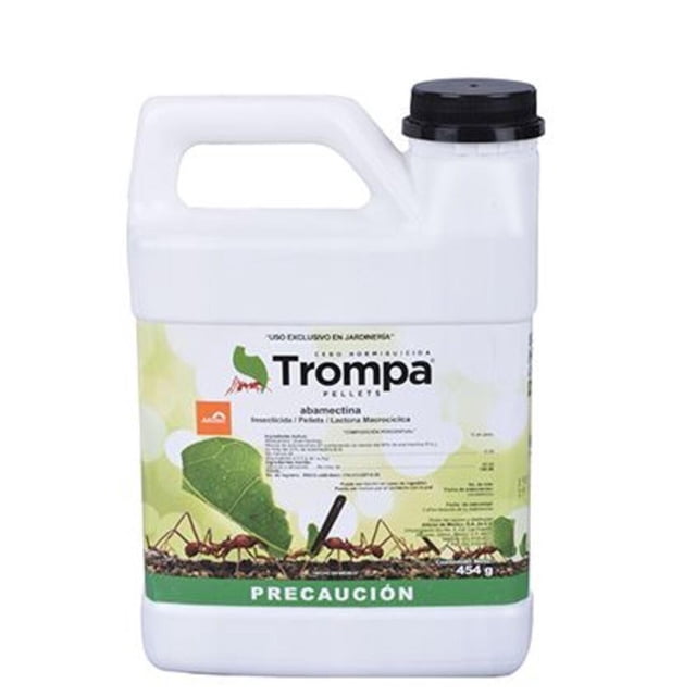 insecticida mata hormigas jardín arrieras pellet trompa 454g envase blanco de 454 g con asa y tapa negra, etiqueta verde y blanca con logo Trompa y texto sobre abamectina; cebo en pellets listo para colocar alrededor del hormiguero al atardecer y la noche; suele usarse también para cebar senderos en macetas y jardineras.