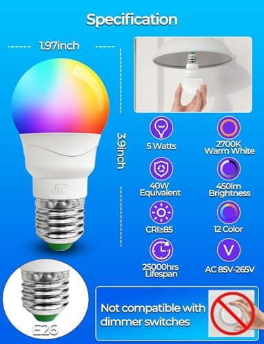 RGB LED Light Bulb, Color Changing Light Bulb, 40W Equivalent, 450LM, 2700K Warm White 5W E26 Screw Base RGBW, 12 Color Choices - Timing Infrared Remote Control (8 Pack)