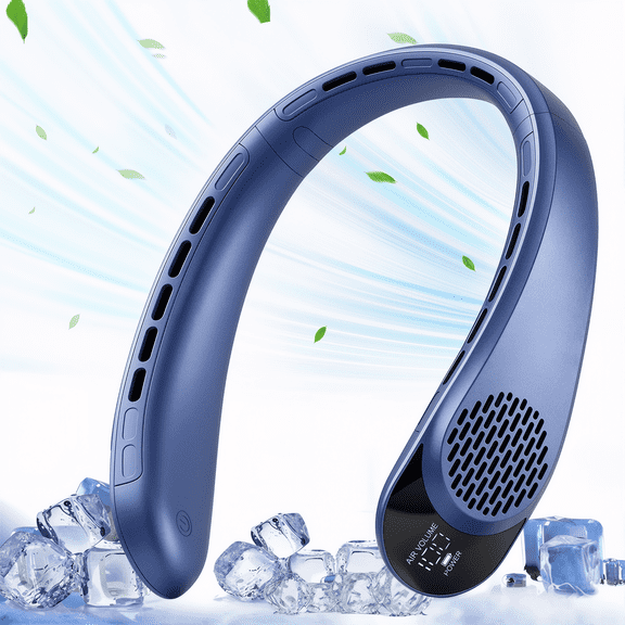 Gofuch Blue Wearable Neck Fan, 3 Speed Rechargeable Hanging Fan with LCD Display, 360° Air Outlet, Type-C Charging Lightweight Portable Personal Cooling Fan for Travel, Sports, Office & Home Use