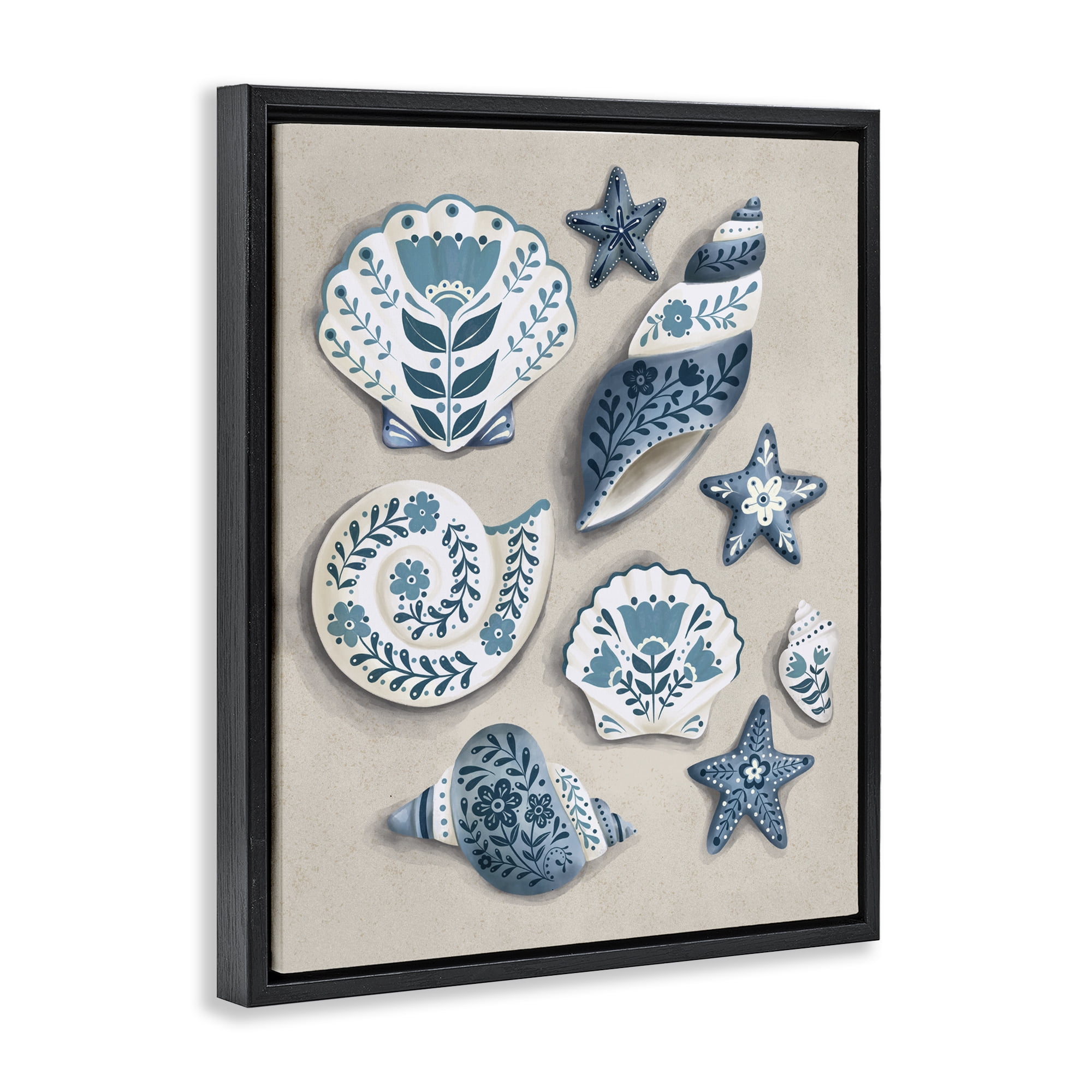 Stupell Industries Teal Nautical Floral Seashells Black Framed Floater Canvas Wall Art, design by Penny Aguilera