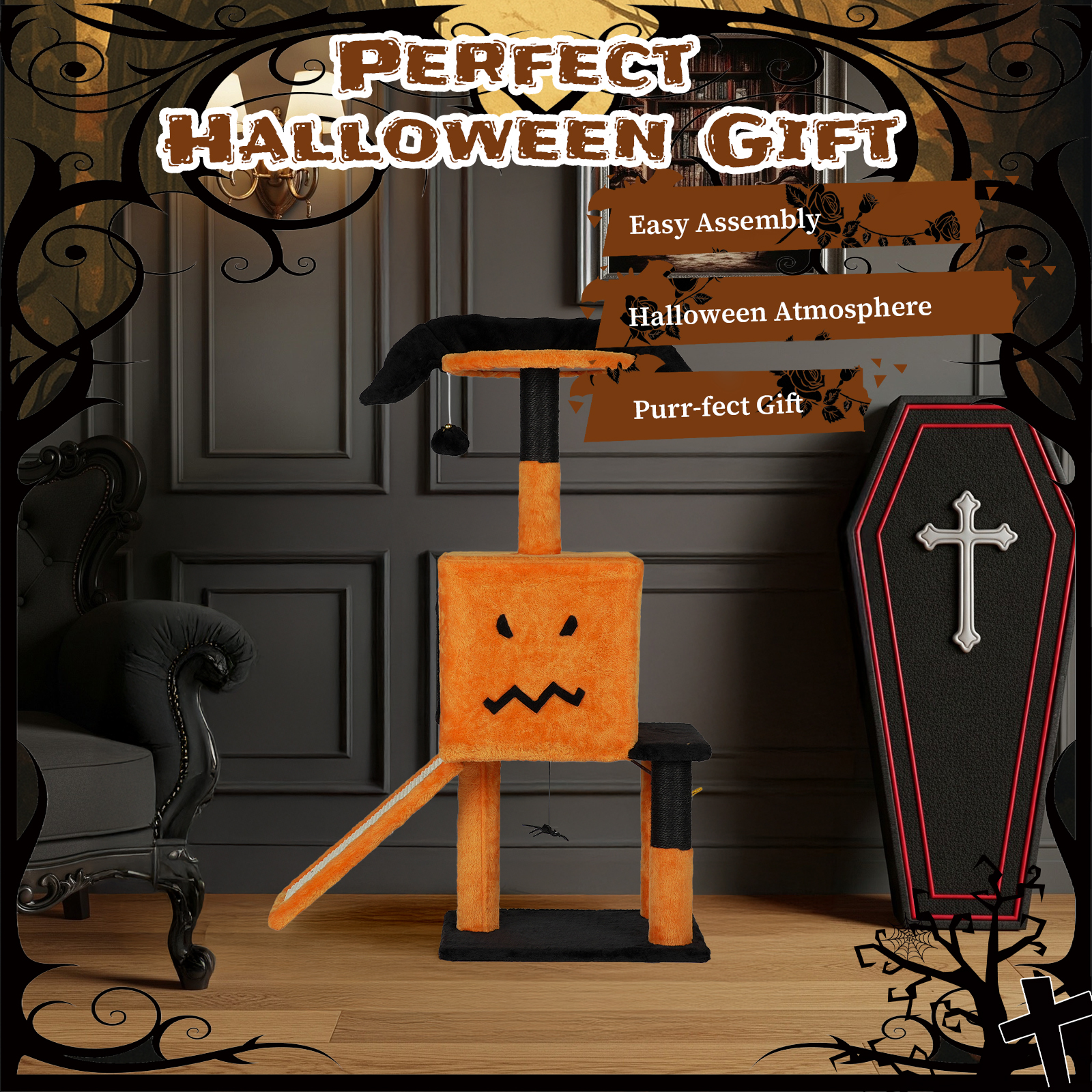 Tcbosik Cat Tree, 39.4 inch Halloween Cat Tower with Perch and Cat Condo, Cat Activity Center with Sisal Scratching Posts and Hanging Toys, Orange & Black