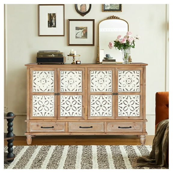 59" Natural Wood Accent Cabinet, 4 Doors & 3 Drawers, Sideboard Buffet with Adjustable Shelves, Living Room/Kitchen Storage, MDF   Metal