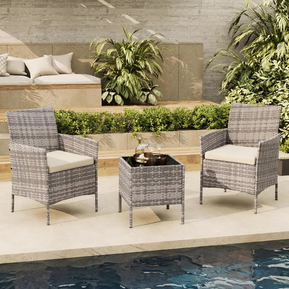 3-Piece Outdoor Furniture Set, PE Rattan Wicker Chairs with Soft Cushions & Tempered Glass Coffee Table - All-Weather Patio Set for Garden, Backyard, Porch, Poolside (Grey/Beige)