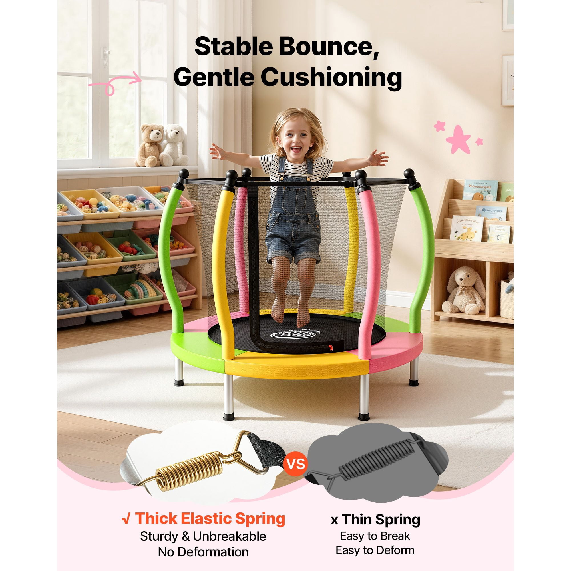Trampoline for Kids, Toddler Mini Trampoline, 132 lbs Capacity Indoor Outdoor Play Toys with Enclosure Net and Basketball Hoop, Christmas Toys Birthday Gifts for Girls Boys