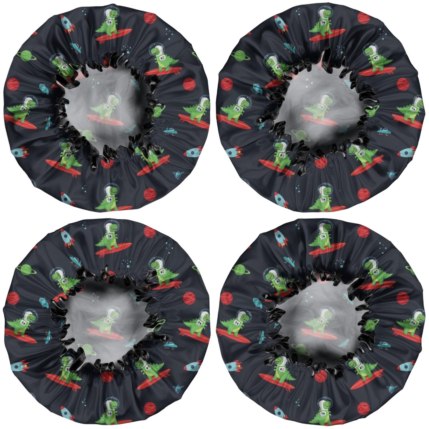 Shower Caps,Black Dinosaurs Space Surfing Pattern Waterproof Shower Cap for Women 4 Pieces,Double Reusable Hair Cover for Shower PEVA Elastic Stretch Hem