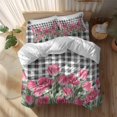 thumbnail image 2 of Pink Tulip Flower Full Size Comforter Set, Spring Floral Black White Plaid Green Leaf Bedding for All Seasons, 4 Pcs Bed Set, 1Quiltcover (86"x86") ,1Sheet(80"x116"), 2Pillowcases (30"x20"), 2 of 9