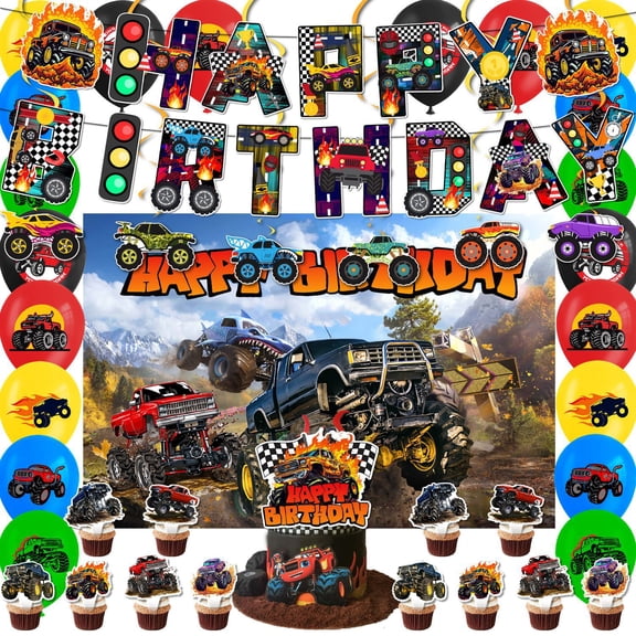 Monster Truck Themed Birthday Party Decoration Set, 38pc set includes backdrop, banner, cake toppers, balloons, and cupcake decorations.