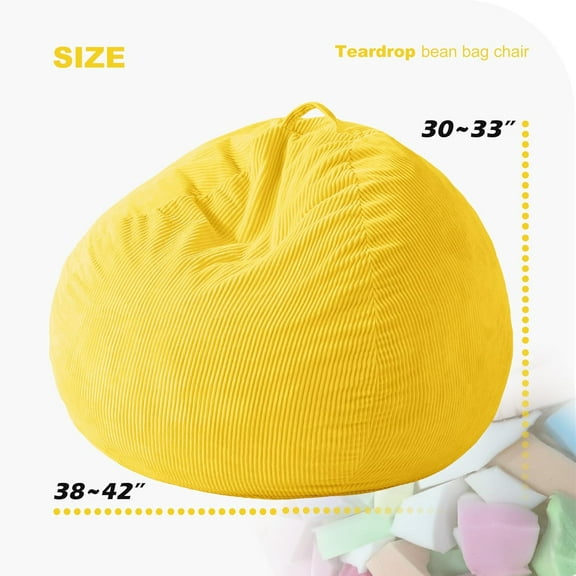 3.5FT Bean Bag Chair: Teardrop Bean Bags with Memory Foam Filled, Compact Beanbag Chairs Soft Sofa with Corduroy Cover (Yellow)