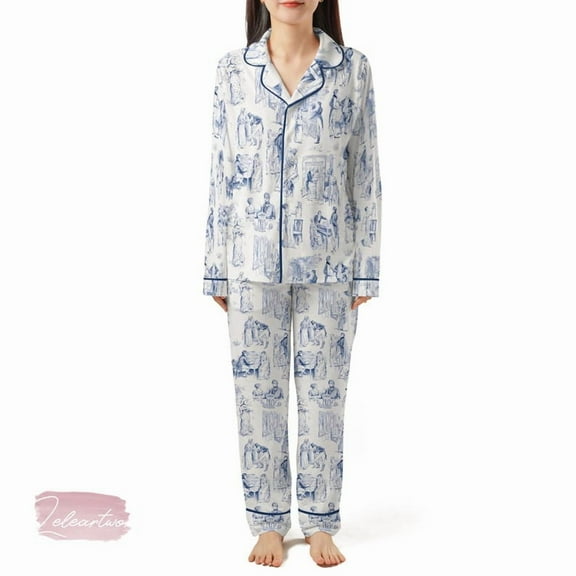 Pride and Prejudice Fanart | Silky Satin Pajama Set for Women | Jane Austen Toile Print Sleepwear | Literary Loungewear Gift