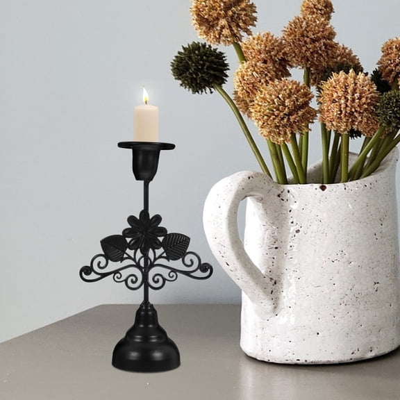 OUNONA Black Metal Tealight Candle Holder with Elegant Pattern, Decorative Iron Stand for Home, Office, and Desktop Display
