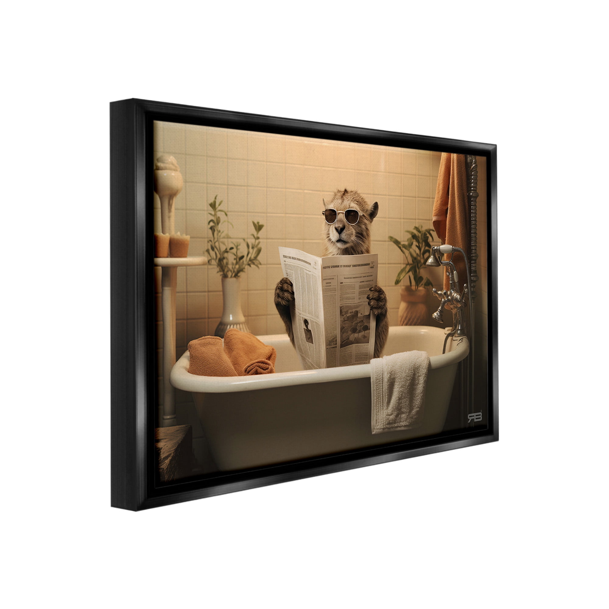 Stupell Industries Wild Cat in Bathtub Animals & Insects Painting Black Floater Framed Canvas Art Print Wall Art, 21 x 17