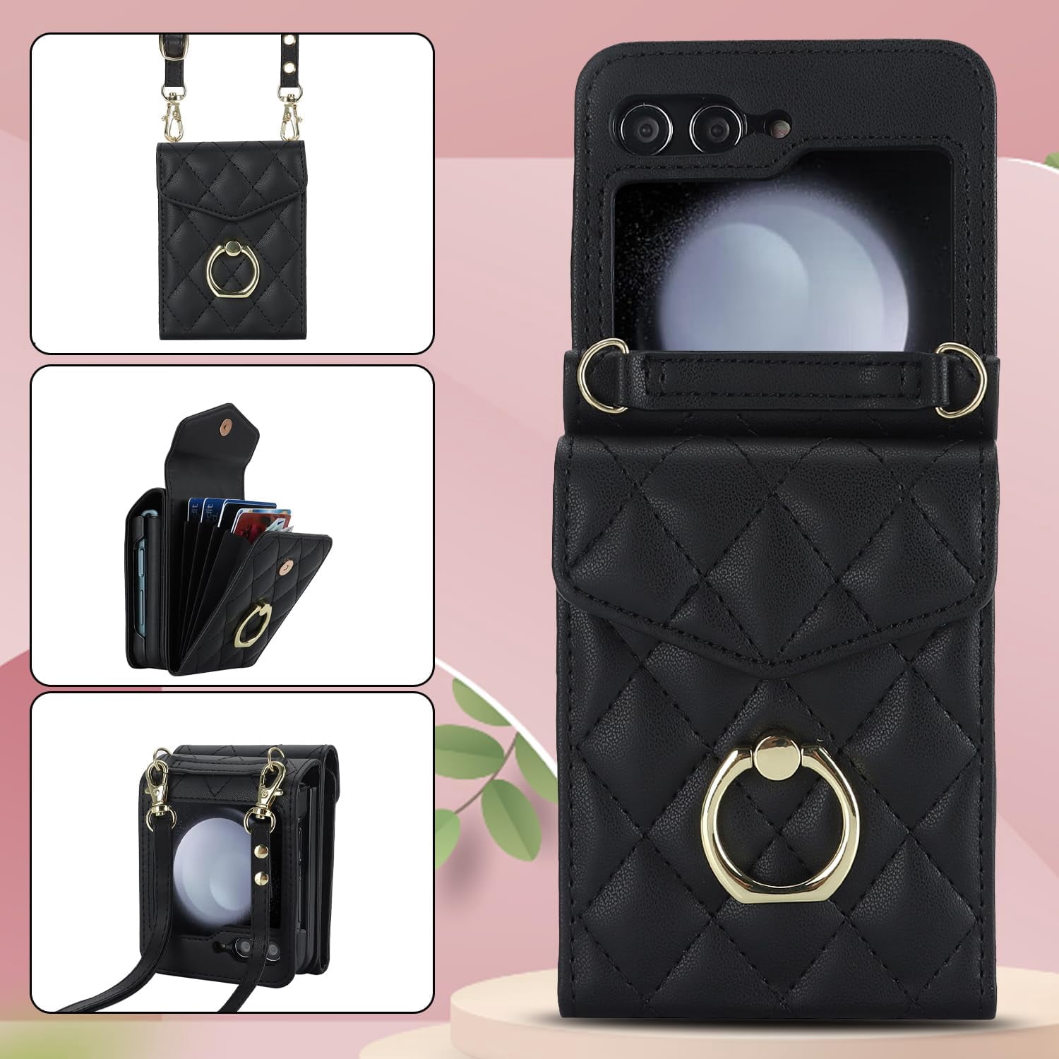 Phone Case for Samsung Galaxy Z Flip 5 5G 2023 Wallet Cover with RFID Blocking Ring Crossbody Wrist Strap Stand Credit Card Holder Cell Accessories ZFlip5 Z5 G Flip5 5Z Women Men Girls Black
