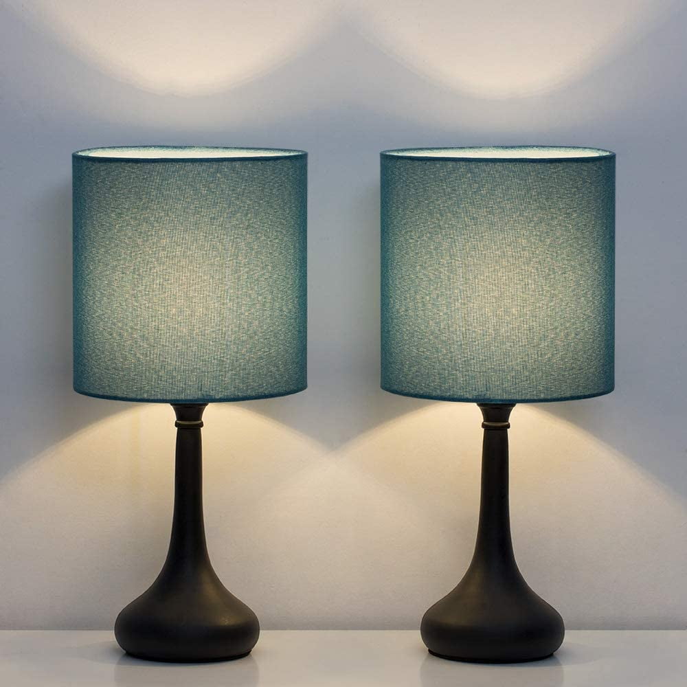 HAITRAL Modern Nightstand Lamps Set of 2 with Black Metal Base and Blue Fabric Shade Walmart