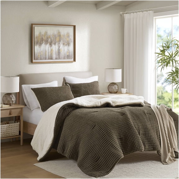 JERFIT King Size Comforter Set - Brown Waffle Knit Chenille Bedding with Sherpa Reverse, Ultra Soft & Warm All Season Down Alternative