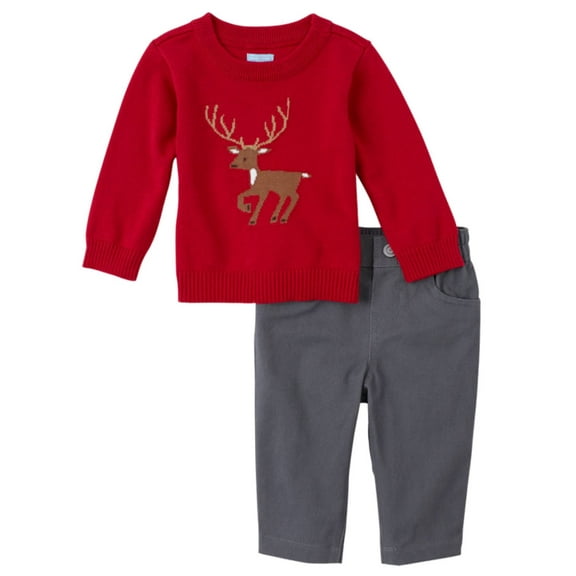 Childrens Place Infant Boys Outfit Red Deer Sweater & Gray Pants Set 3-6m