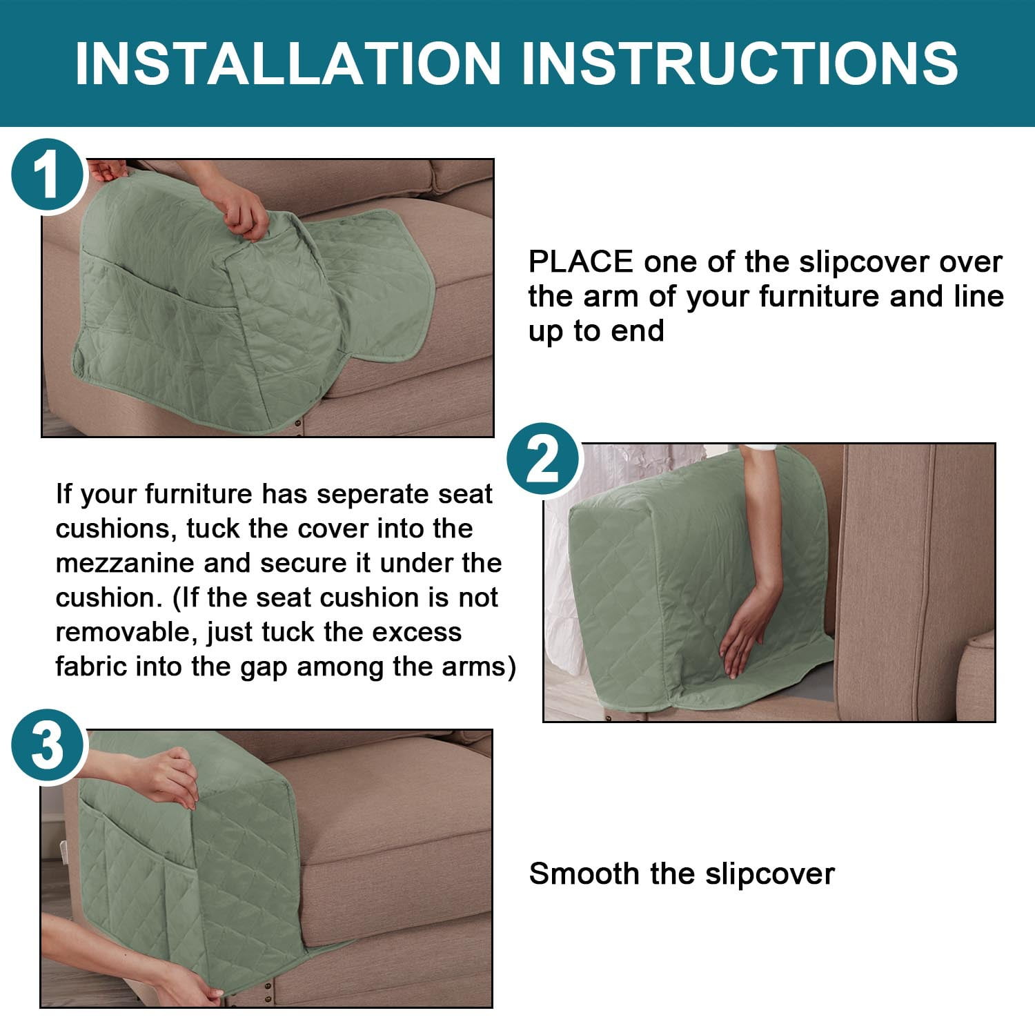 2 Pack Waterproof Armrest Covers Couch for Chairs and Sofas Couch Arm Covers with Side Pocket, Non-Slip Armrest Protectors Washable Armrest Slipcover (Green)