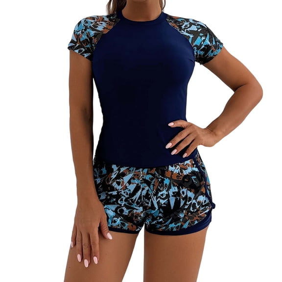 fheaev Short Sleeve Swimsuit for Women Swim Shirt with Boyshort Bottom High-Waisted Tankini Set Sports Outfit Summer Beach Conservative Split Swimwear