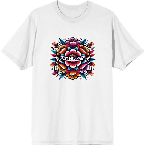 Yo Soy Mis Raices Floral Art Adult White Crew Neck Short Sleeve Tee-XS