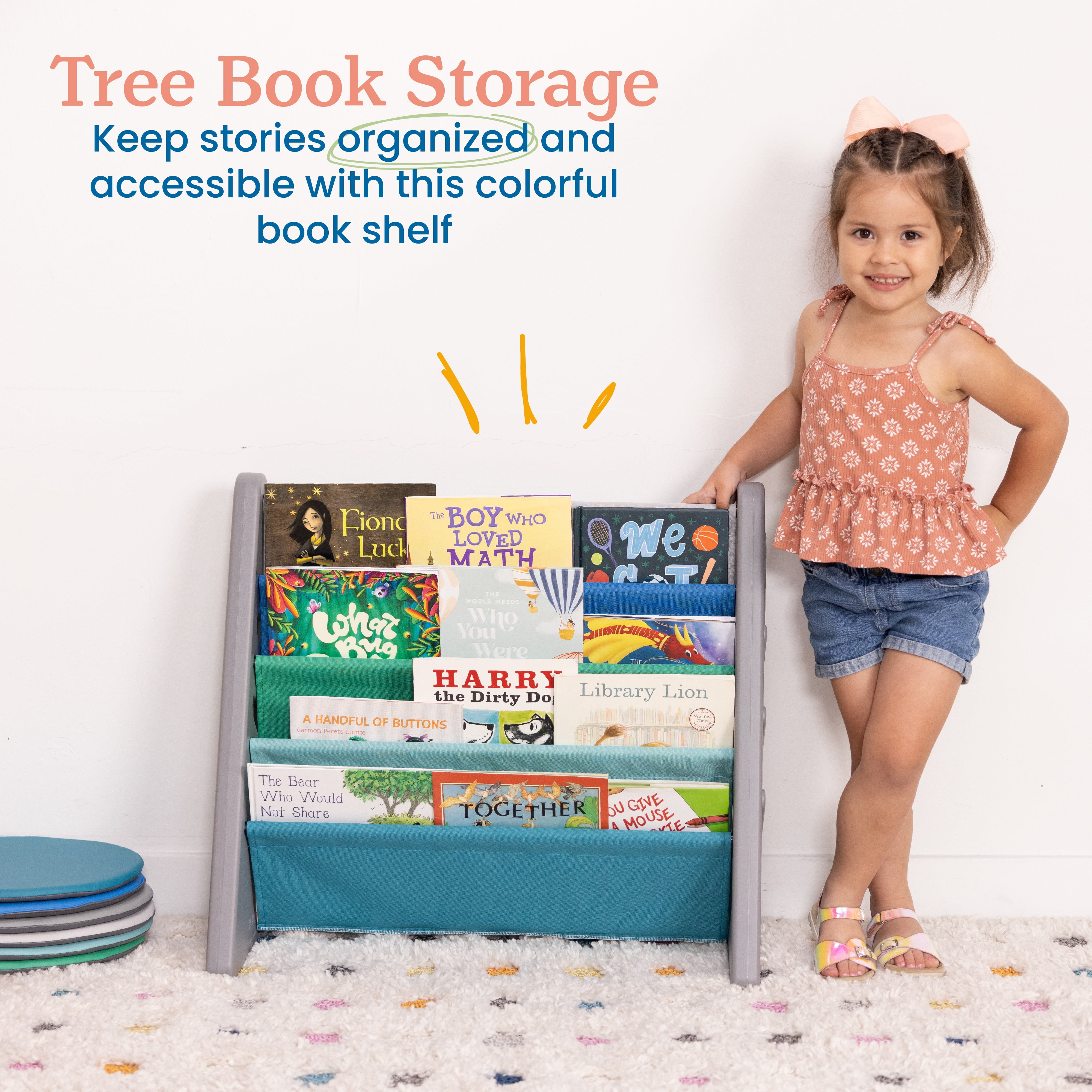 ECR4Kids 4-Tier Sling Book Display with Deep Fabric Pockets, Contemporary