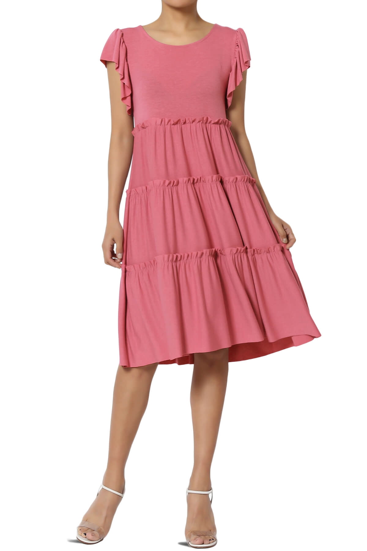 Women's PLUS Flutter Ruffle Cap Sleeve Tiered Jersey Babydoll ALine Midi Day Dress
