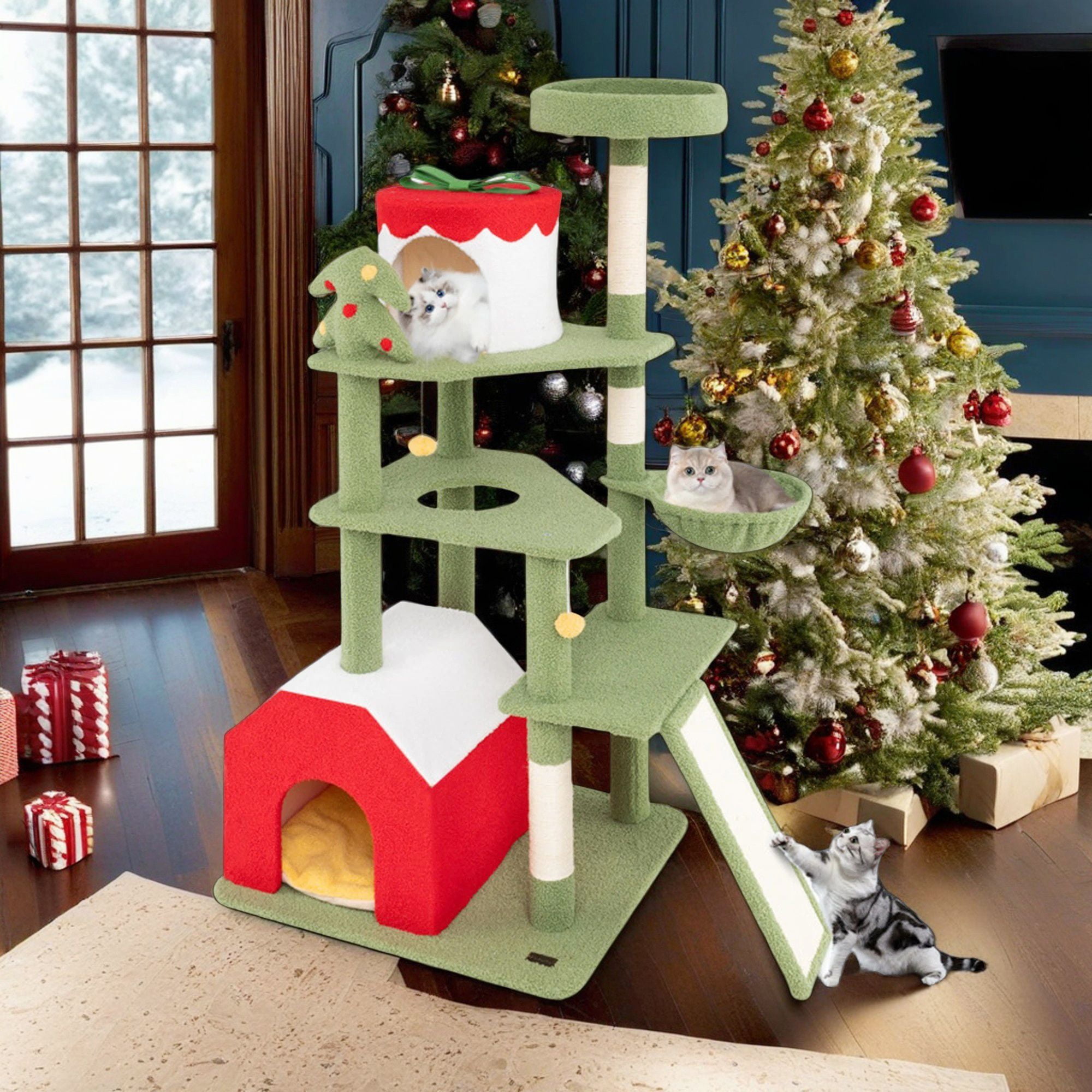 Kadyn 61" Cute Christmas Cat Tree with Sisal Scratching Posts and Board, Multi-Level Cat Tower with Gift Box Shaped Condo, Kittens Play Activity Center, Green