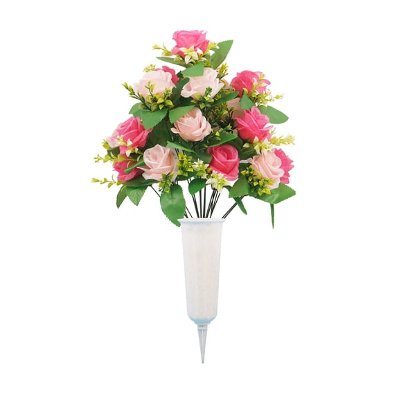 Artificial Cemetery Flowers for Grave: Memorial Day Flowers for Cemetery - Outdoor Grave Decorations - Pomegranate Roses Bouquets with Vases