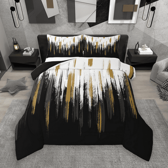 Manfei Abstract Oil Painting Bedding Comforter Set 2pcs, Black Gold Ombre Twin Comforter Sets, Watercolor Brush Strokes Bedding Set, Luxury Bedroom Decor