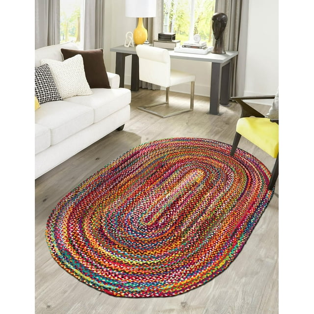 Indian Handmade Braided Multi Cotton Rectangular Area Rug, Home Décor Rug, Multi Cotton Rug, Multi Cotton Rug for Bedroom, Dining Room, living room, Doormat Rug Size - 2' x 3' Oval (60 cm x 90 cm)