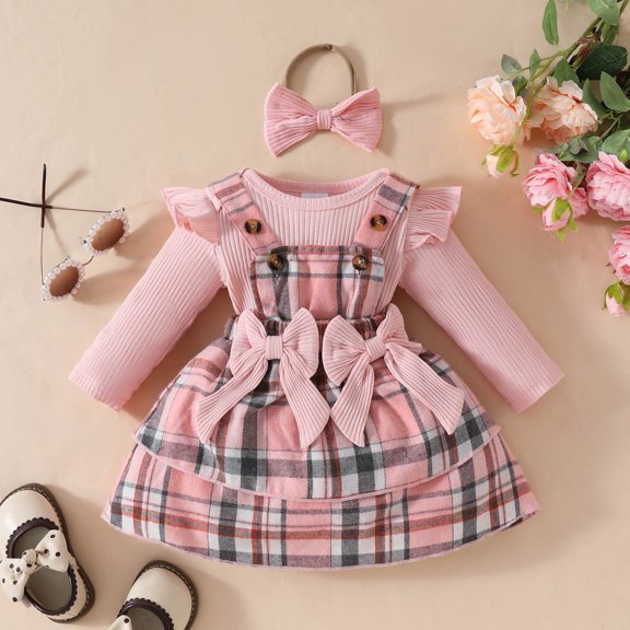 Hauaitttt Girls Short Sleeve Ribbed Romper Bodysuit Bowknot Plaid Suspender Skirts Outfits Clothes for Girls