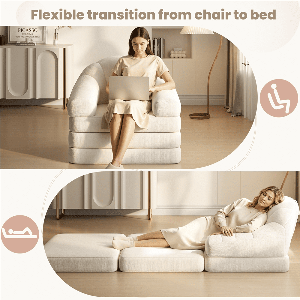 Renwick 2-in-1 Convertible Sofa  Bed Folding Sleep Chair Bed Chenille Sofa with Armrests  for Living Room and Bedroom, Beige