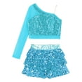 thumbnail image 3 of Haitryli Kids Girls 2 Piece Sequin Crop Top with Tiered Skirts Dance Outfits for Hip Hop Jazz Cheer Performance Light Blue 16, 3 of 5