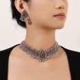thumbnail image 2 of Retro Indian Traditional Jewellery Set For Women Bridal Wedding Party Antique Silver Oxidized Ethnic Prom Wear Statement Necklace Earring Tassel Bollywood Choker Punk Crystal Fashion Gift, 2 of 8