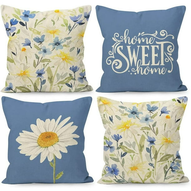 Juego de fundas de almohada de lino con diseño floral de margaritas y hortensias, 4 x 45 cm