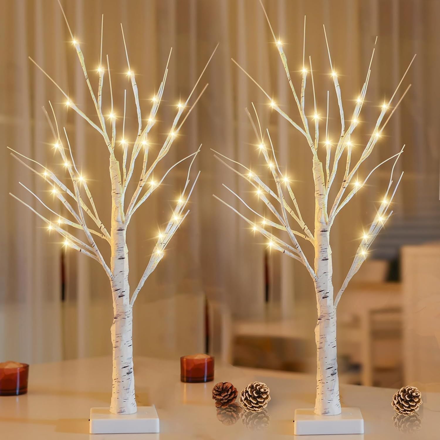 2-Pack 2FT Lighted Birch Tree with Timer for Christmas Decorations Indoor, Artificial Birch Tree with 48 LED Warm White Lights, Fairy Light Tabletop Centerpiece Tree for Christmas Winter