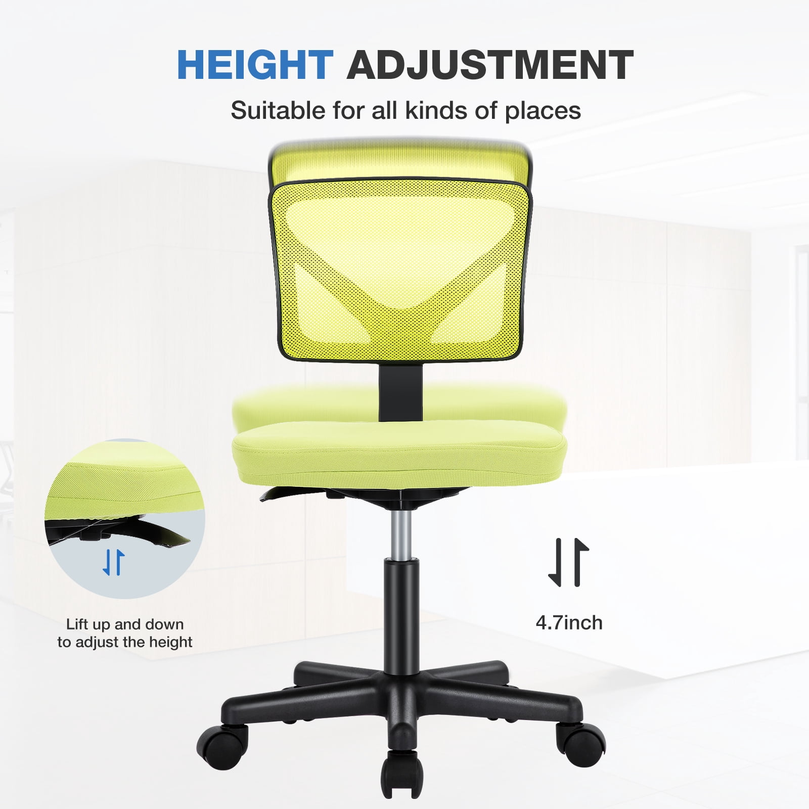 JOINSUN Armless Home Office Desk Chair for Small Space, Adjustable Height, Swivel Rolling Mesh Computer Chair, Green