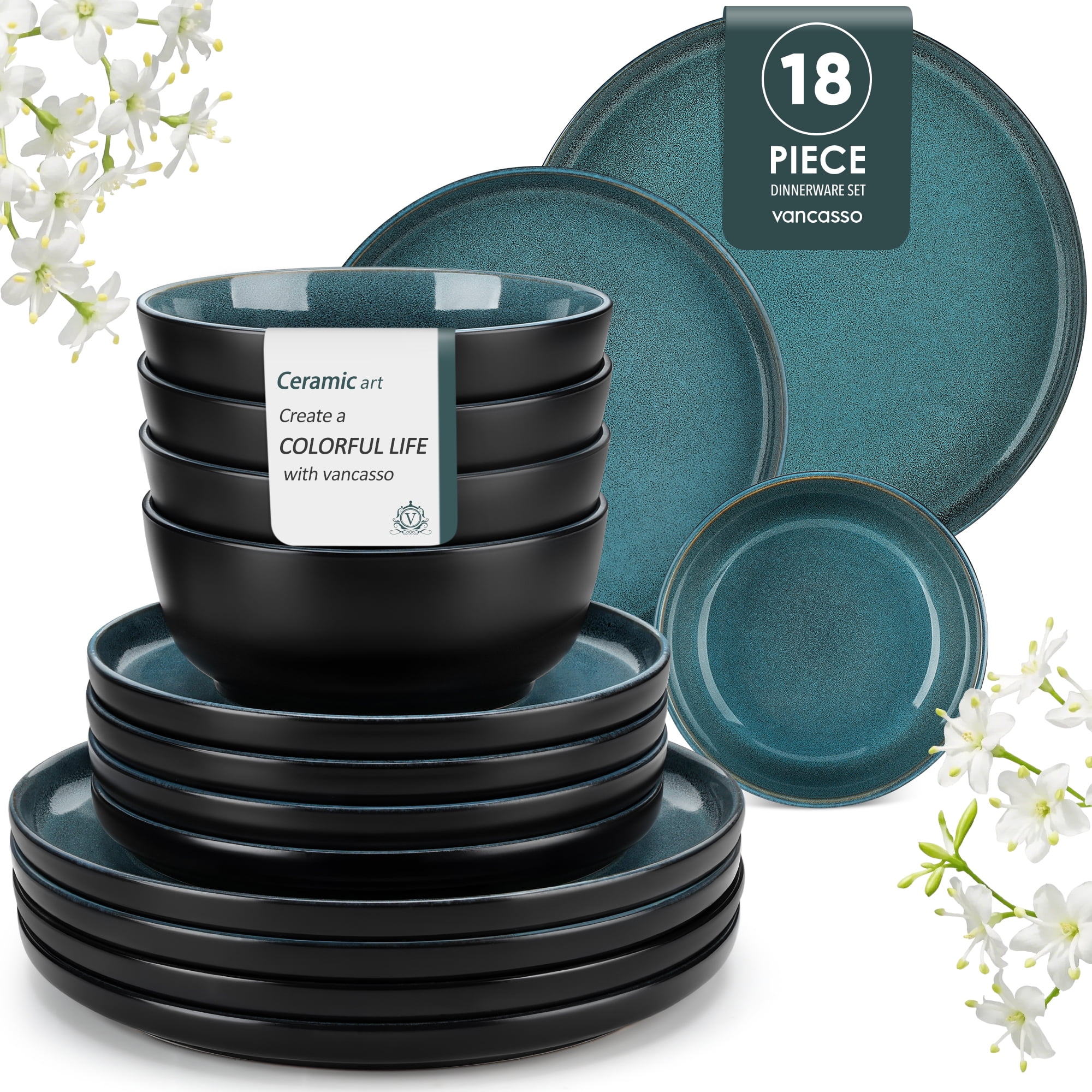 Malacasa 18 Pieces Stoneware Dinnerware Set for 6, Stackable Plates and Bowls sets, Dinner Set, Microwave & Dishwasher Safe